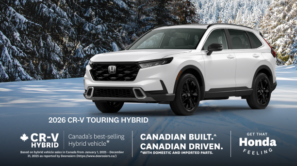 A white Honda CR-V parked on a wintery road with snow covered trees behind.