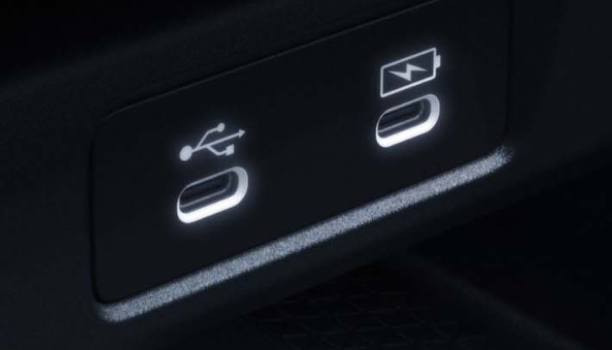 Closeup of USB-C charging ports. 
