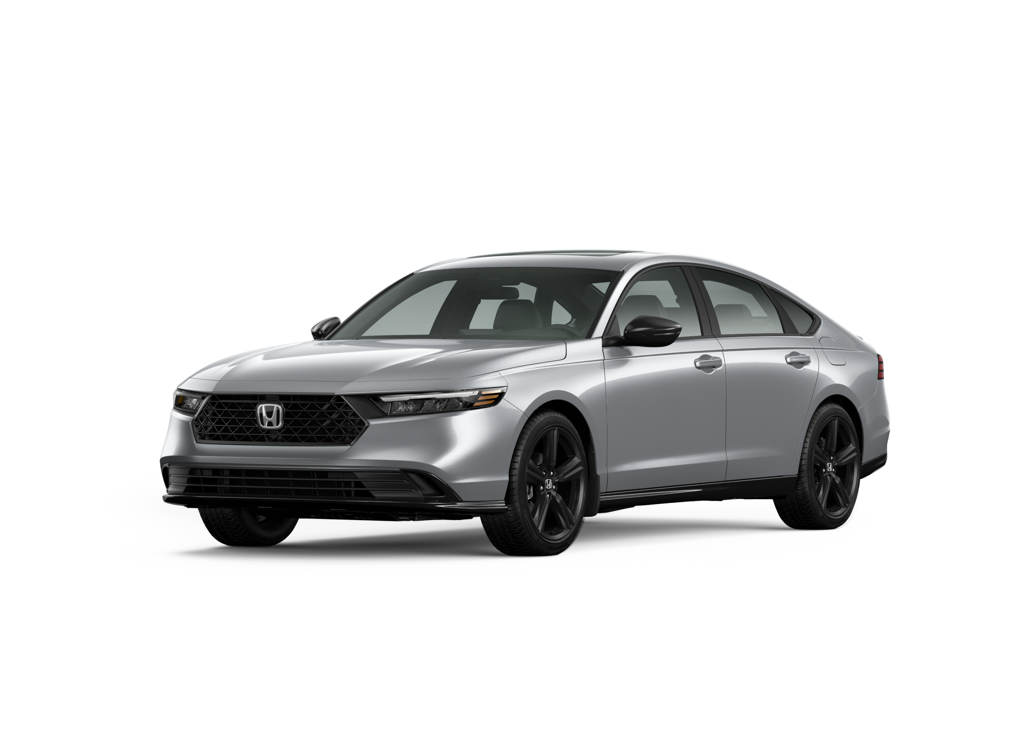 ¾ driver side front facing view of 2025 Accord Sport-L Hybrid model in Solar Silver Metallic colour