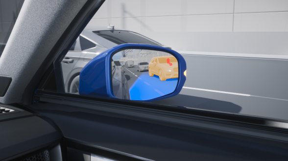 Closeup of passenger side mirror with graphic overlay to demonstrate blind spot detection and alert. 