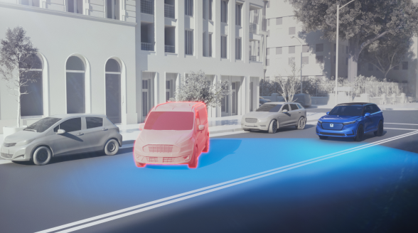 Graphic illustration of a vehicle driving on a city street. Blue lights emanate from the front, detecting a potential collision with another vehicle on the road. 