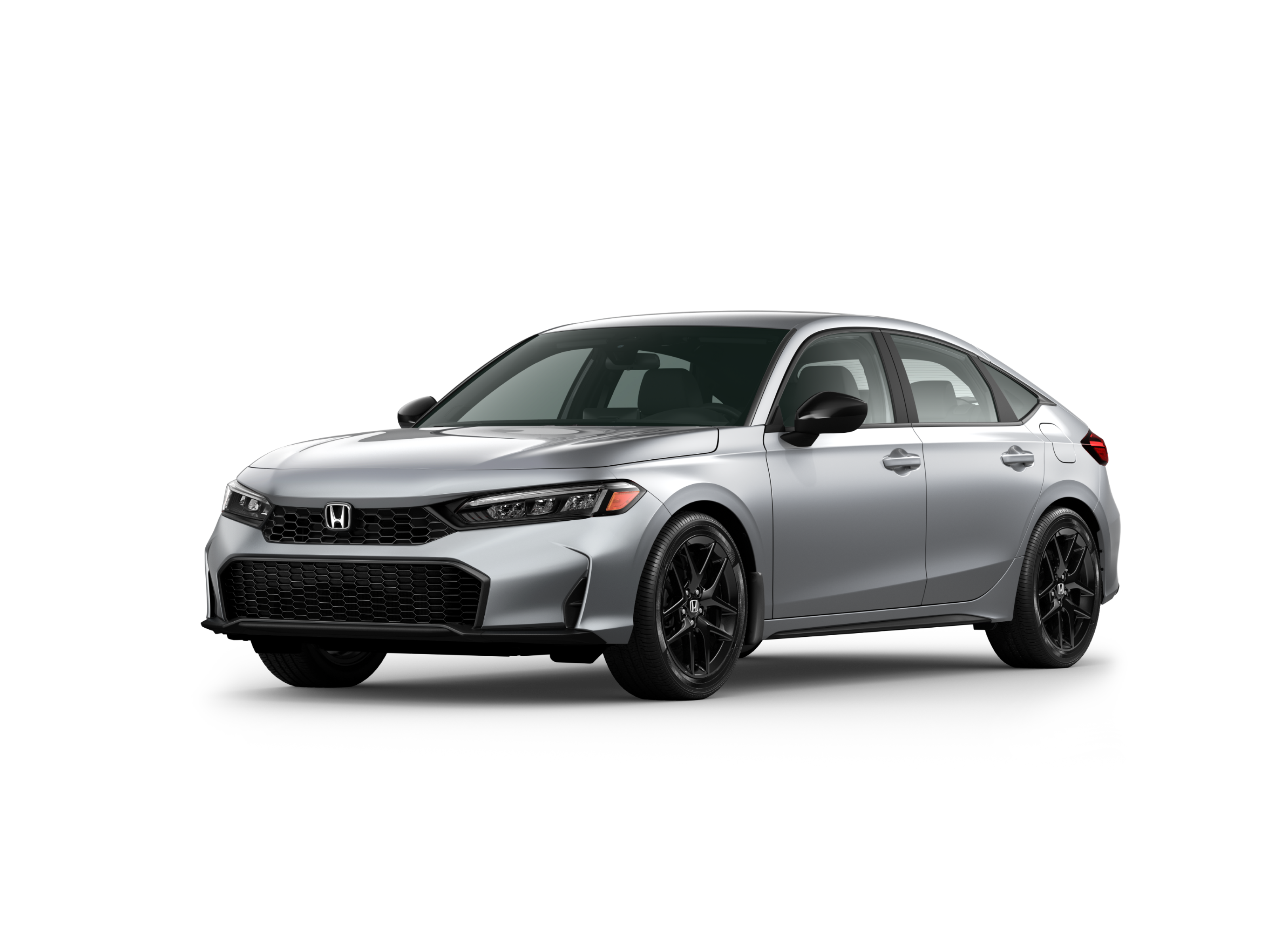 ¾ driver side front facing view of 2026 Civic Hatchback Sport model in Solar Silver Metallic colour