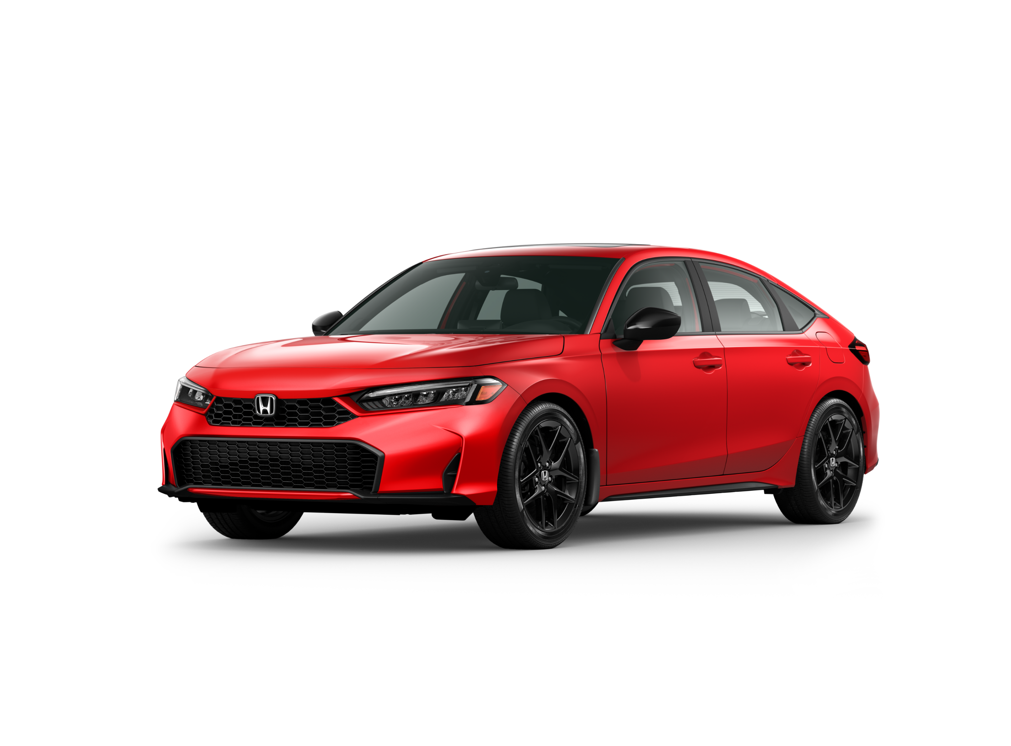 ¾ driver side front facing view of 2026 Civic Hatchback Sport Hybrid model in Ralley Red colour