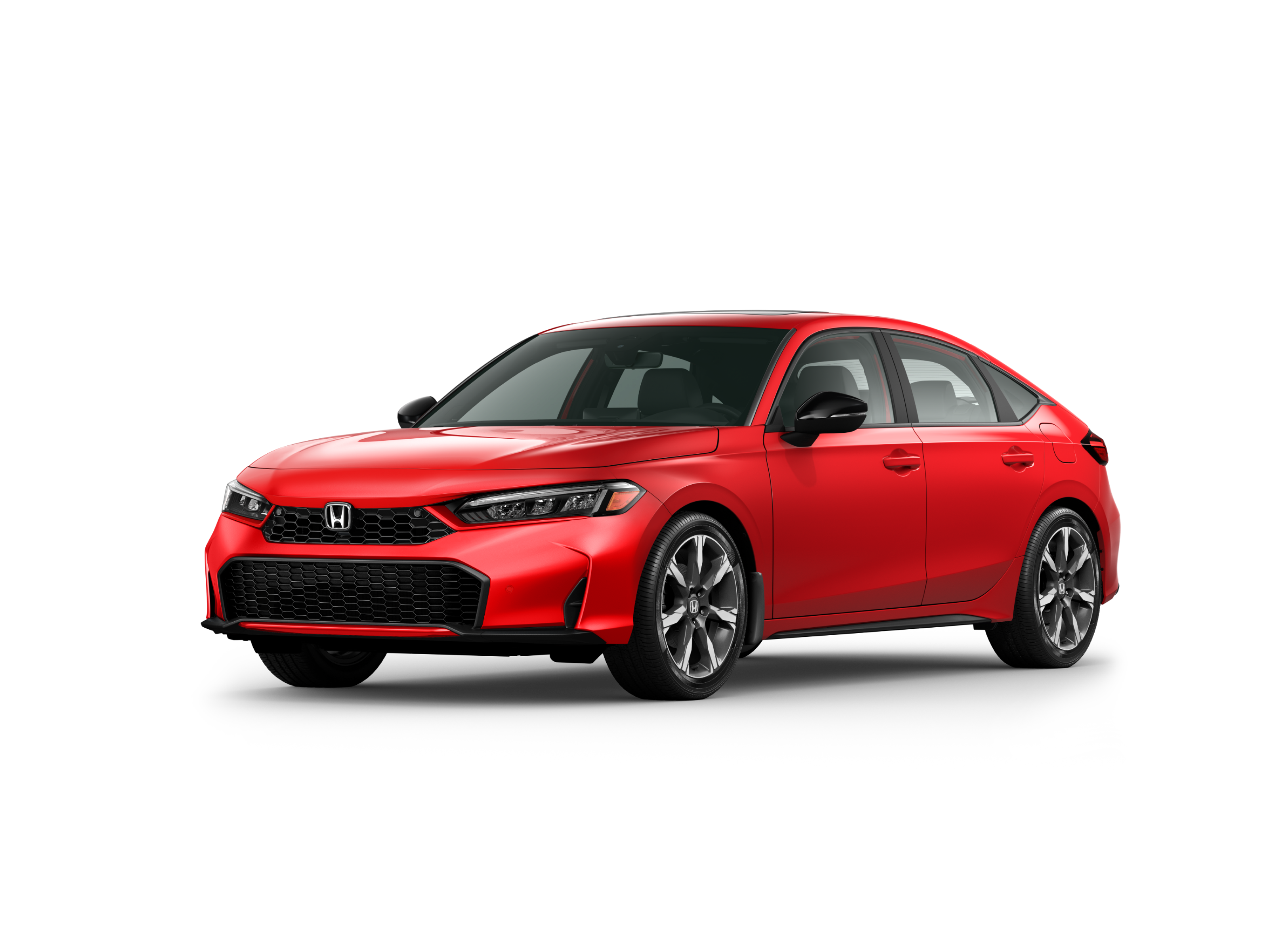 ¾ driver side front facing view of 2026 Civic Hatchback Sport Touring Hybrid model in Ralley Red colour