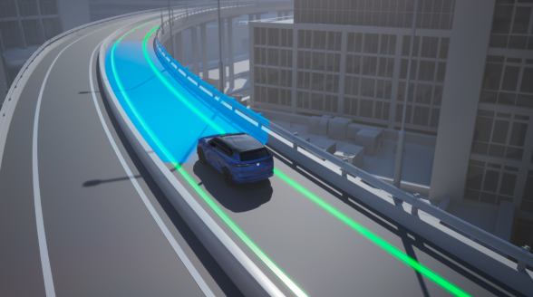 Graphic display of a vehicle on an elevated highway with green sensors emitting from the vehile. 