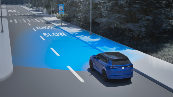 Overhead illustration of a CR-V with blue lights emanating from the front. 
