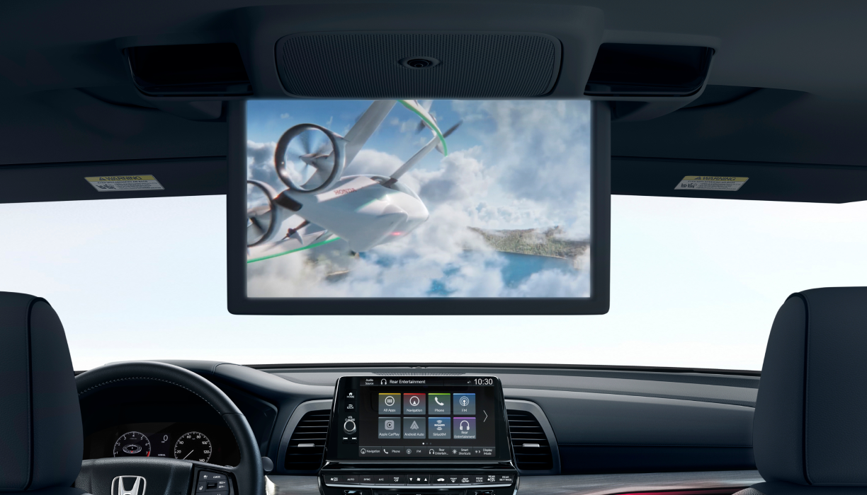 Interior closeup view of video playing on the ceiling display screen.