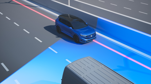 Overhead image of blue vehicle on a city highway with blue graphic overlay demonstrating a vehicle drifting out of the lane on a highway. 