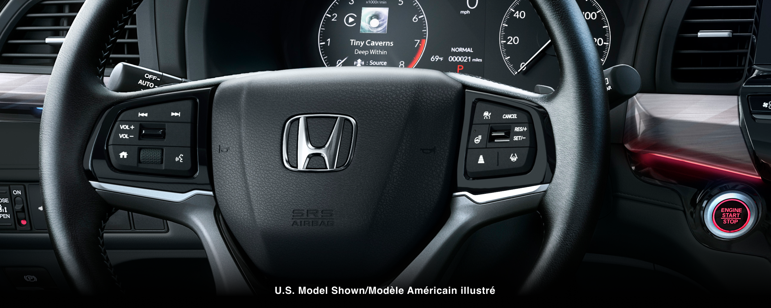 Closeup of steering wheel.