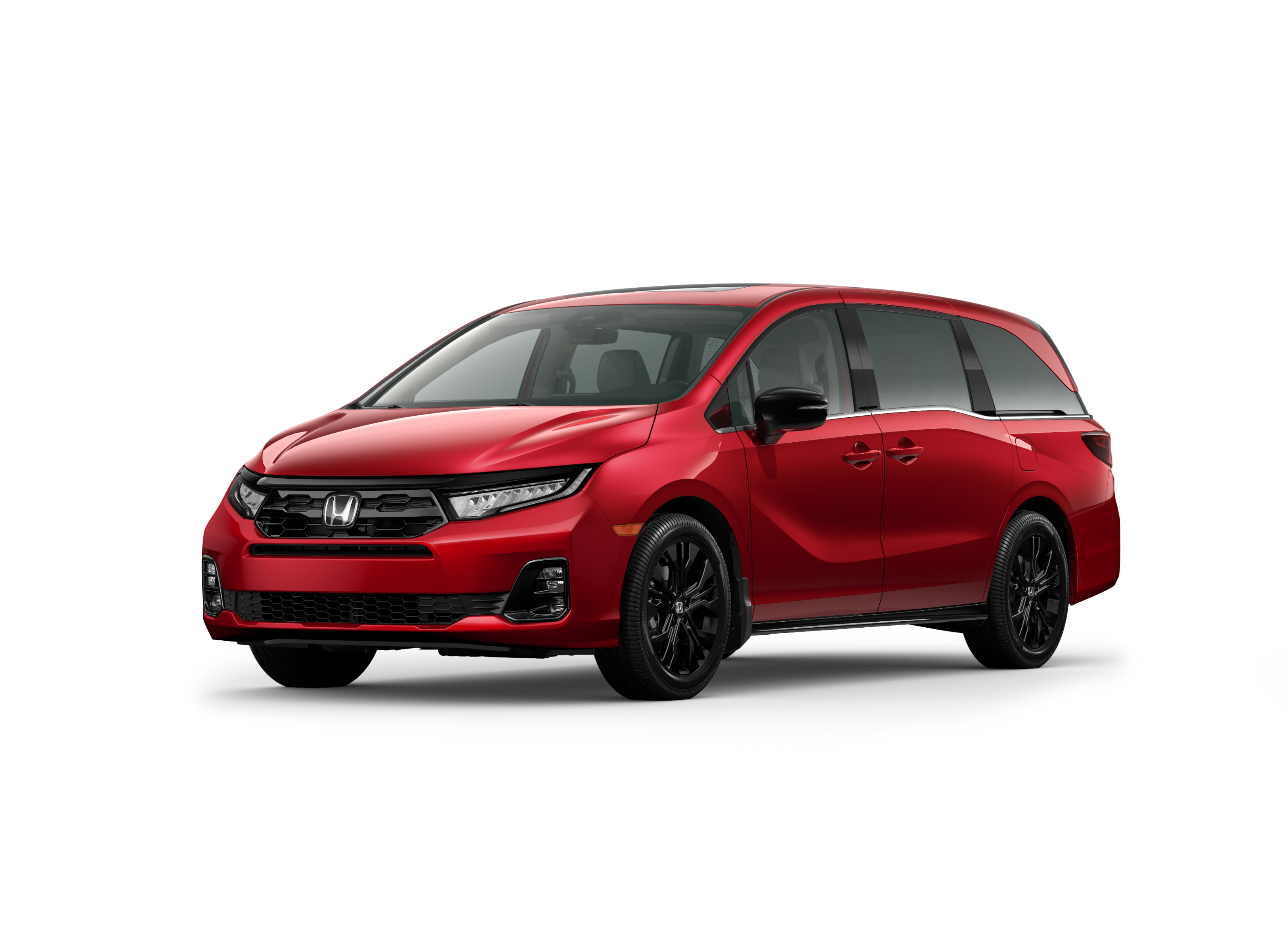 ¾ driver side front facing view of 2026 Odyssey Black Edition model in Radiant RedMetallic II colour