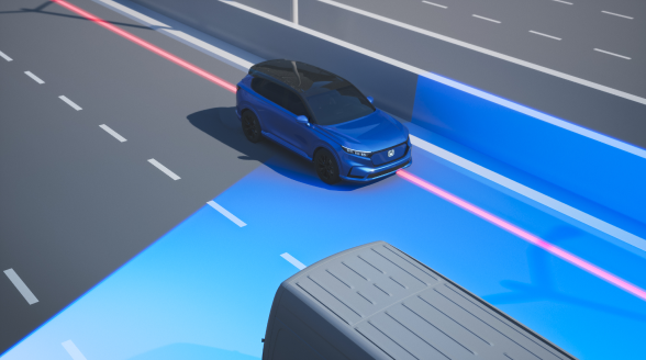 Digital rendering of a blue vehicle on a city highway with blue graphic overlay. The side of the road is highlighted in red, demonstrating sensors detecting the vehicle drifting out of the lane.