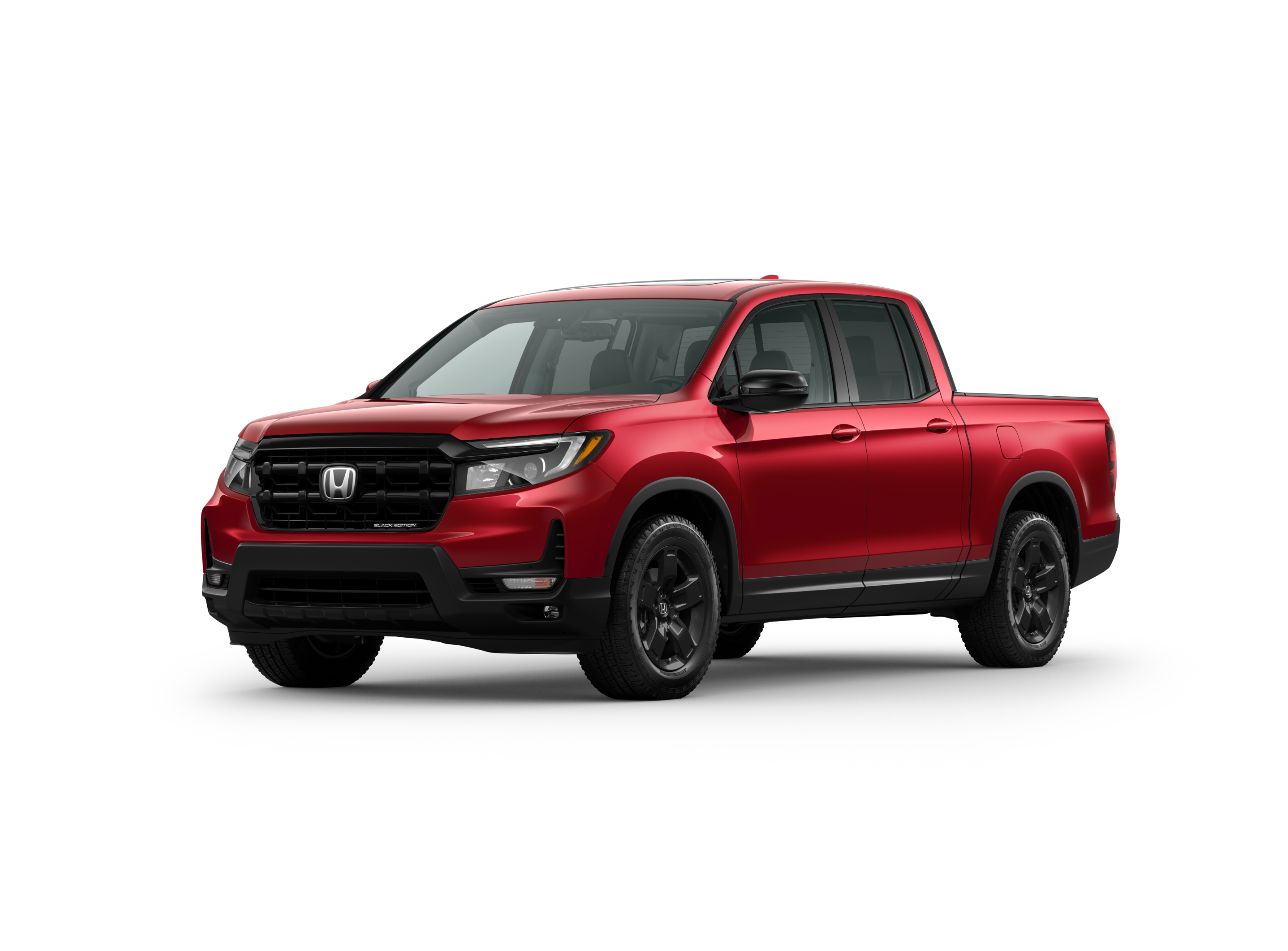 ¾ driver side front facing view of 2026 Ridgeline Black Edition model in Radiant Red Metallic II colour